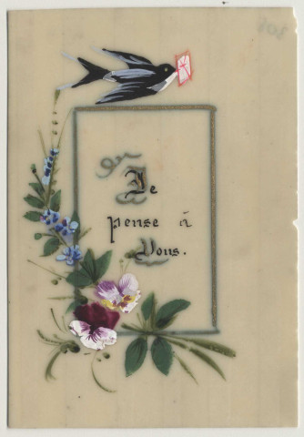 Je pense à vous. Une hirondelle portant une lettre et des fleurs