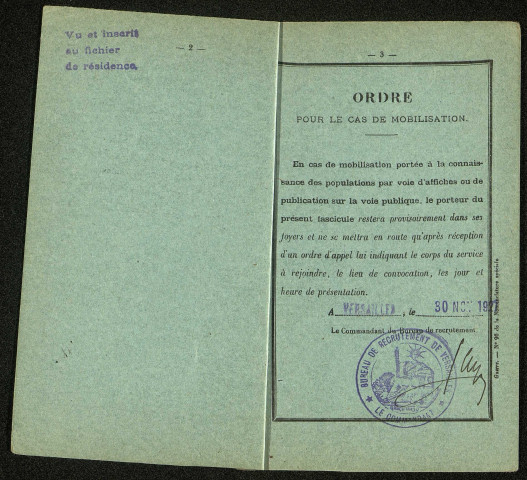 Fascicule de mobilisation de Louis Paul Morin, né le 10 septembre 1889 à Paris, classe 1909, matricule n° 3500, Bureau de recrutement de Versailles