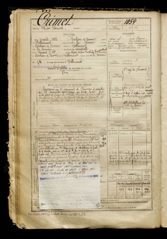 Crimet, Léon Edouard, né le 04 août 1883 à Fontaine-sur-Somme (Somme), classe 1903, matricule n° 1054, Bureau de recrutement d'Abbeville