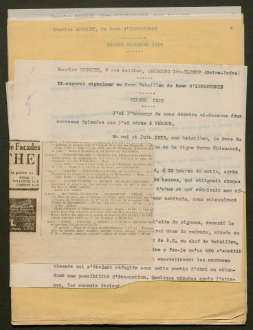 Témoignage de Bocquet, Maurice et correspondance avec Jacques Péricard