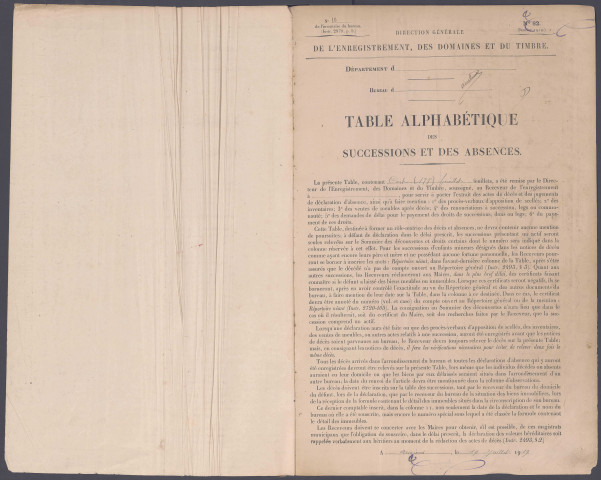 Table des successions et absences du bureau de Gamaches