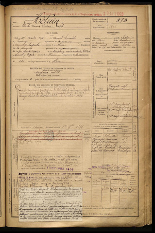 Héluin, Charles Frédéric Gustave, né le 24 octobre 1875 à Mesnil-Bruntel (Somme), classe 1895, matricule n° 873, Bureau de recrutement de Péronne