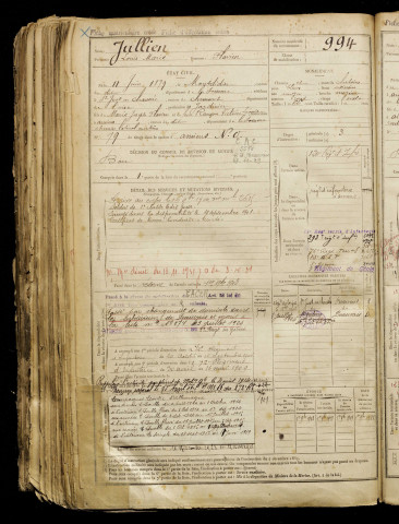 Jullien, Louis Marie, né le 11 juin 1879 à Montdidier (Somme), classe 1899, matricule n° 994, Bureau de recrutement d'Amiens