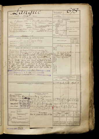 Langue, Albert Alfred, né le 03 février 1892 à Brailly-Cornehotte (Somme), classe 1912, matricule n° 673, Bureau de recrutement d'Abbeville