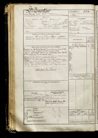 Martine, Omer Jean Baptiste Marie, né le 09 septembre 1896 à Maricourt (Somme), classe 1916, matricule n° 554, Bureau de recrutement de Péronne