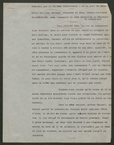 Témoignage de Decamps, Jean (Grenadier) et correspondance avec Jacques Péricard