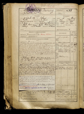 Demory, Jean François Marie Joseph, né le 19 septembre 1889 à Lesboeufs (Somme), classe 1909, matricule n° 658, Bureau de recrutement de Péronne