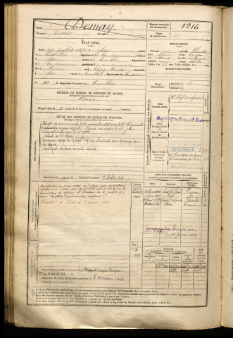 Demay, Victor, né le 19 juillet 1874 à Ytres (Somme), classe 1894, matricule n° 1216, Bureau de recrutement de Péronne