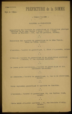 Amiens. Liste des sociétés de gymnastiques, Union des sociétés de gymnastiques amiénoises, « Le Réveil », « l'indépendante amiénoise », « Le Stade Amiénois », « l'Etoile », « La Société de gymnastique amiénoise »