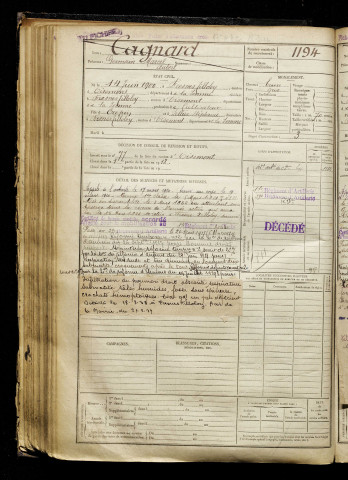 Cagnard, Germain Marcel Aubert, né le 14 juin 1900 à Fresnes-Tilloloy (Somme), classe 1920, matricule n° 1194, Bureau de recrutement d'Amiens