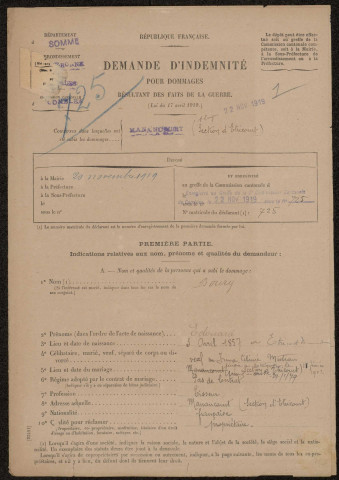 Etricourt-Manancourt. Demande d'indemnisation des dommages de guerre : dossier Boury Edouard