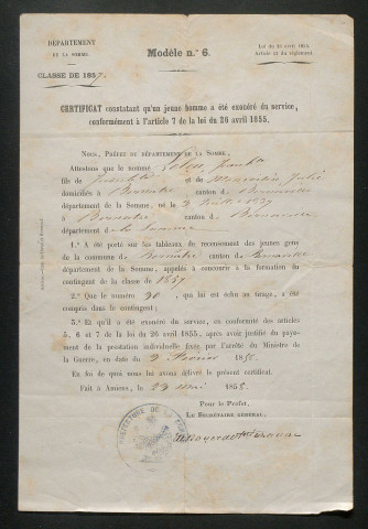 Tirage au sort (arrondissements de Doullens et de Montdidier) de l'année 1857