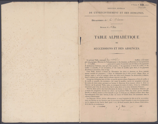 Table des successions et absences du bureau de Doullens