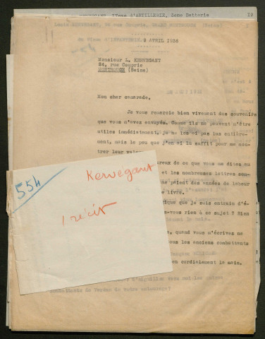 Témoignage de Kervegant, Louis et correspondance avec Jacques Péricard