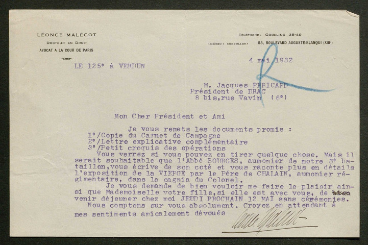 Témoignage de Malécot, Léonce (Avocat à la cour de Paris) et correspondance avec Jacques Péricard