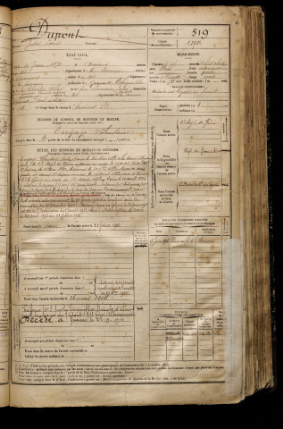 Dupont, Jules Louis, né le 10 juin 1872 à Amiens (Somme), classe 1892, matricule n° 519, Bureau de recrutement d'Amiens