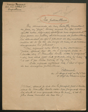 Témoignage de Doumont, Marius (Sergent) et correspondance avec Jacques Péricard