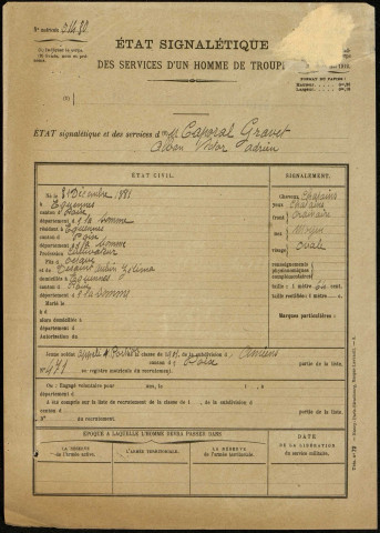 Gravet, Alban Victor Adrien, né le 31 décembre 1881 à Equennes-Eramecourt (Somme), classe 1901, matricule n° 471, Bureau de recrutement d'Amiens