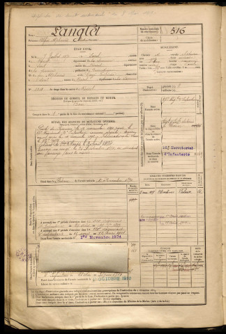 Langlet, Alfred Alphonse Bertrand, né le 07 juillet 1870 à Sorel (Somme), classe 1890, matricule n° 516, Bureau de recrutement de Péronne