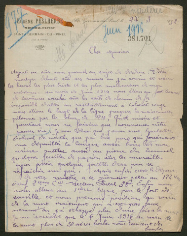 Témoignage de Peslherbe, Eugène et correspondance avec Jacques Péricard