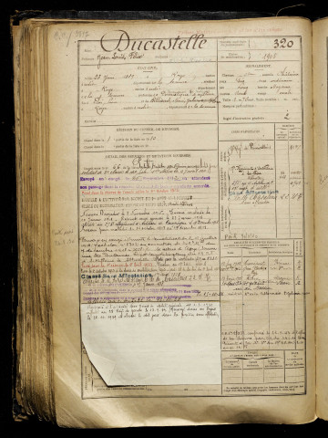 Ducastelle, Jean Louis Félix, né le 23 juin 1889 à Roye (Somme), classe 1909, matricule n° 320, Bureau de recrutement de Péronne