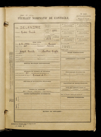 Delandre, André Emile, né le 04 février 1892 à Amiens (Somme), classe 1912, matricule n° 762, Bureau de recrutement d'Amiens