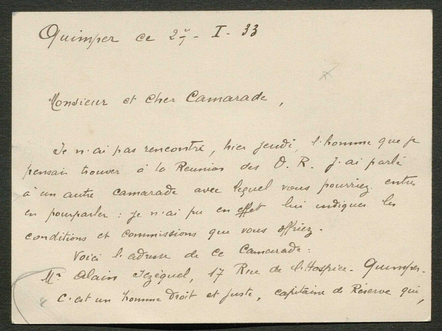 Témoignage de Cadet (Abbé), Louis (Aumônier militaire) et correspondance avec Jacques Péricard