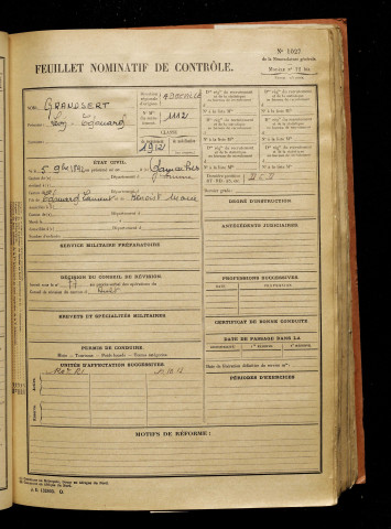Grandsert, Léon Edouard, né le 05 novembre 1892 à Gamaches (Somme), classe 1912, matricule n° 1112, Bureau de recrutement d'Abbeville