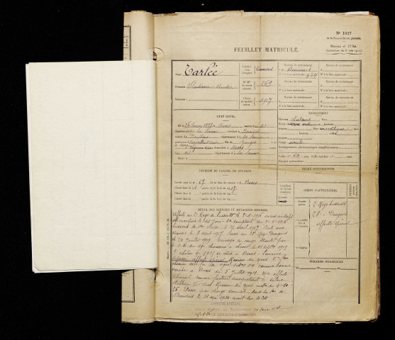 Carlée, Vladimir Andie, né le 26 février 1897 à Boves (Somme), classe 1917, matricule n° 269, Bureau de recrutement d'Amiens