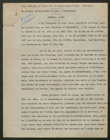 Témoignage de Grelaud, Jean (Sergent mitrailleur) et correspondance avec Jacques Péricard