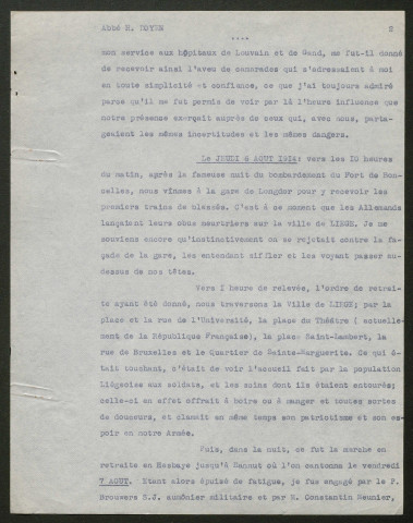 Témoignage de Doyen (Abbé), H. (Aumônier brancardier) et correspondance avec Jacques Péricard