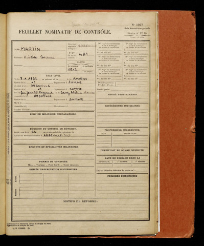 Martin, Aristide Casimir, né le 07 janvier 1892 à Amiens (Somme), classe 1912, matricule n° 481, Bureau de recrutement d'Abbeville