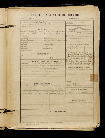 Barbier, André Louis Marcel, né le 11 décembre 1898 à Marcelcave (Somme), classe 1918, matricule n° 133, Bureau de recrutement de Péronne