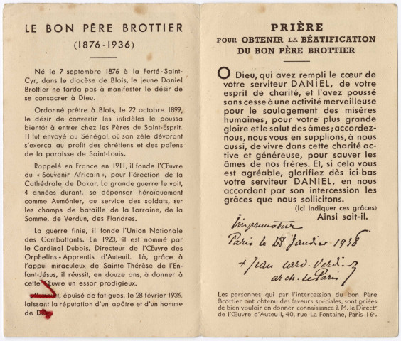 Père Daniel Brottier, assistant général des Pères du Saint-Esprit, Directeur de l'Oeuvre des Orphelins-Apprentis d'Auteuil, missionnaire au Sénégal, Fondateur du Souvenir Africain, Officier de la Légion d'Honneur, Croix de Guerre, décédé saintement le 28 février 1938 à l'âge de 59 ans. Etoffe ayant touché au Père Brottier. Extrait de l'allocation prononcée par le Cardinal Verdier archevêque de Paris lors de ses obsèques le 2 mars 1936