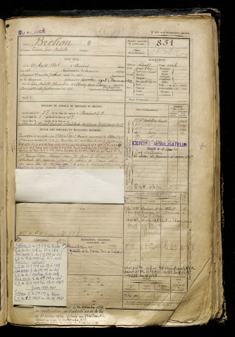 Brehon, Pierre Léon Achille, né le 27 mars 1898 à Amiens (Somme), classe 1918, matricule n° 851, Bureau de recrutement d'Amiens