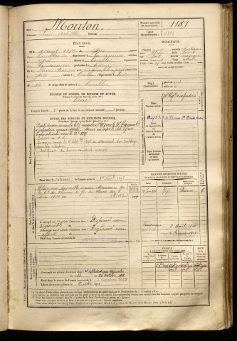 Mouton, Louis Achille, né le 04 août 1874 à Ytres (Somme), classe 1894, matricule n° 1187, Bureau de recrutement de Péronne
