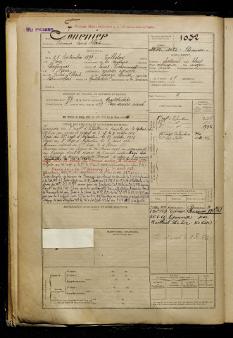 Fournier, Firmin Louis Albert, né le 25 septembre 1899 à Tilloloy (Somme), classe 1919, matricule n° 1032, Bureau de recrutement de Péronne