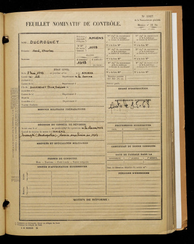 Ducroquet, René Charles, né le 08 mai 1893 à Amiens (Somme), classe 1913, matricule n° 1119, Bureau de recrutement d'Amiens
