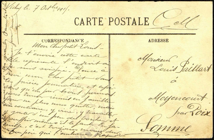 Carte postale intitulée "Vichy. L'hôpital militaire". Correspondance de Raymond Paillart à son fils Louis