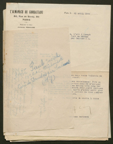 Témoignage de Paul, Joseph (Téléphoniste - Abbé) et correspondance avec Jacques Péricard