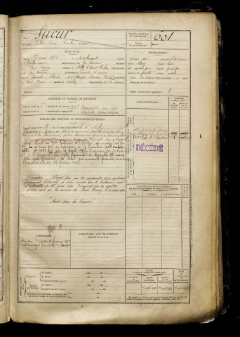 Sueur, Julien Louis Charles, né le 05 mars 1888 à Mérélessart (Somme), classe 1908, matricule n° 691, Bureau de recrutement d'Abbeville