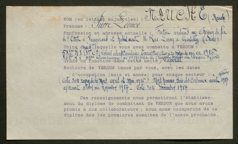 Témoignage de Nauche, Pierre Léonce (Caporal) et correspondance avec Jacques Péricard
