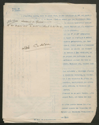 Témoignage de Cadet (Abbé), Louis (Aumônier militaire) et correspondance avec Jacques Péricard