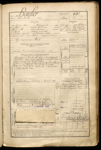 Boucher, Marc Emile, né le 21 juin 1873 à Miraumont (Somme), classe 1893, matricule n° 681, Bureau de recrutement de Péronne