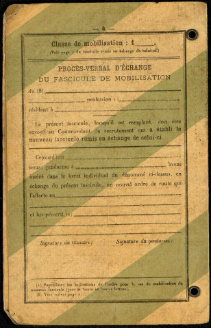 Fascicule de mobilisation (modèle S1) d'Henri Lesage, contenant un ordre de route en cas de mobilisation