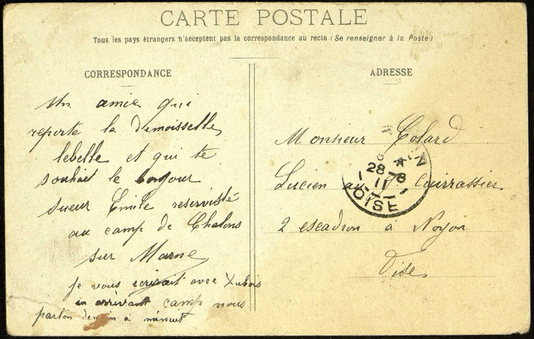 Carte postale humoristique "Bâtiment Q infirmerie, Les tires au Q ..." adressée par Emile Sueur (1886-1948) à Lucien Colard