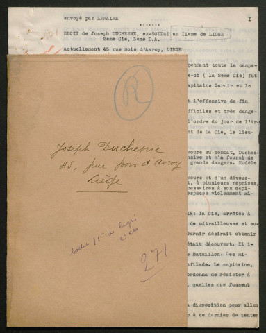 Témoignage de Duchesne, Joseph et correspondance avec Jacques Péricard