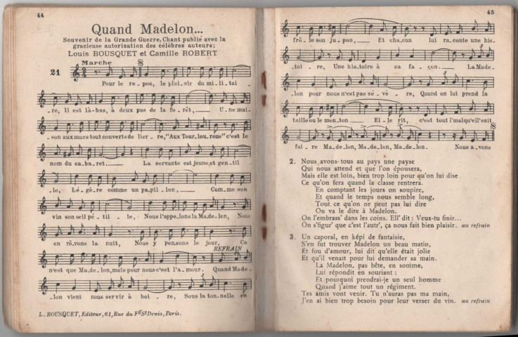 Extrait d'un recueil de chansons appartenant à Georges Fréville : "Quarante chansons marches de premier choix - paroles et musiques"