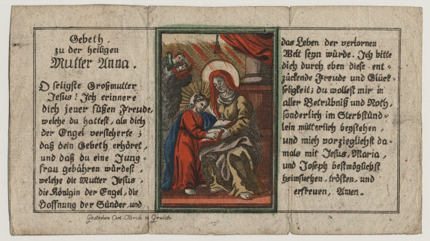 Image pieuse figurant l'éducation de la Vierge près de Sainte Anne