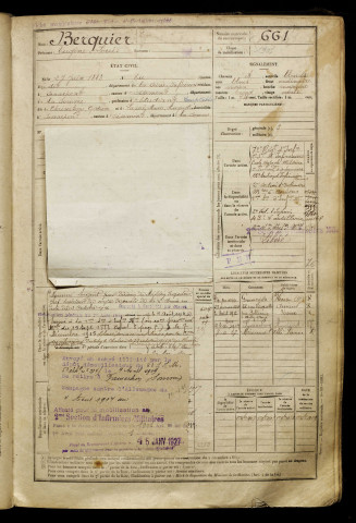 Berquier, Eugène Louis, né le 27 juin 1883 à Eu (Seine-Maritime), classe 1903, matricule n° 661, Bureau de recrutement d'Amiens